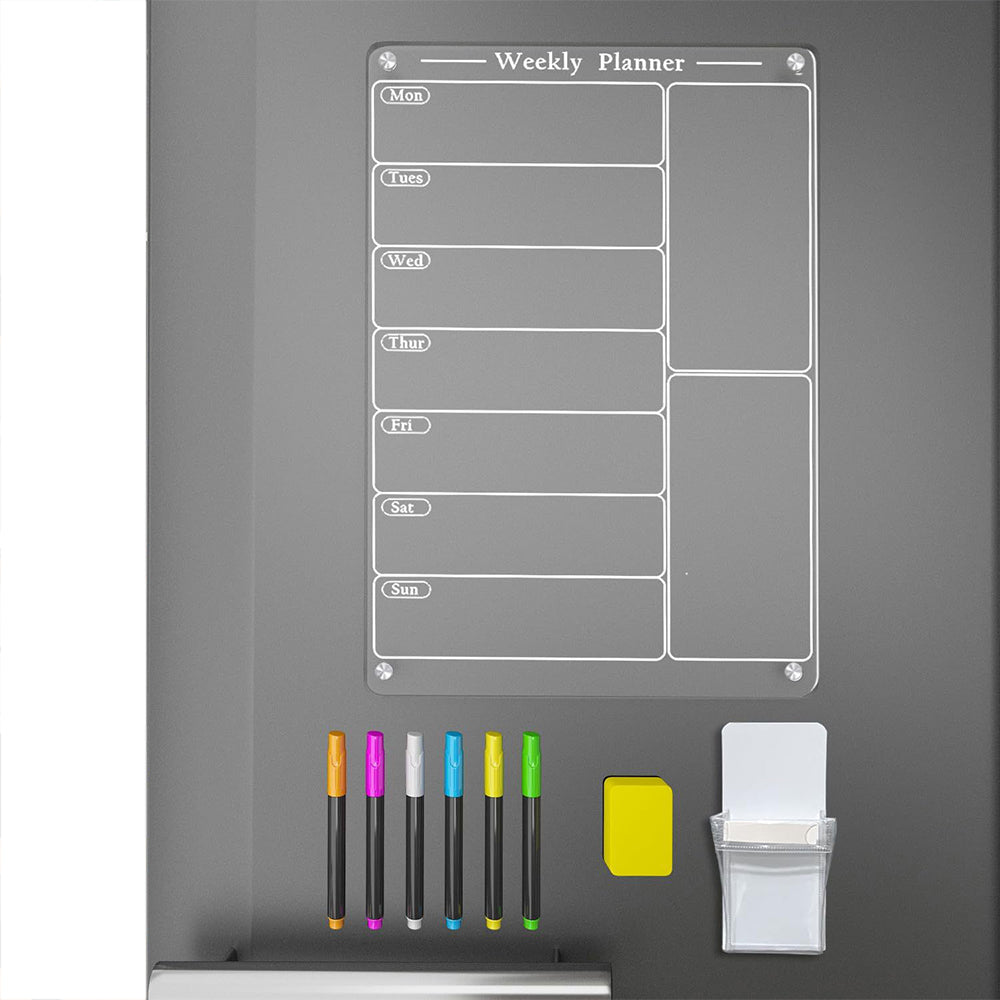 Clear Acrylic Meal Planner Magnetic Menu Board for Fridge with 6 Marker Pens