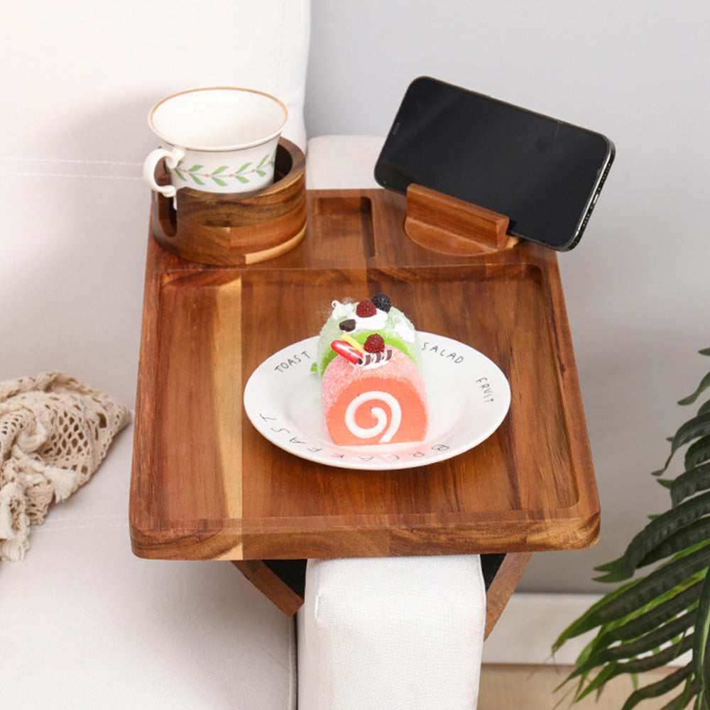 3-in-1 Wooden Sofa Arm Tray with Rotating Phone Holder and Cup Slot