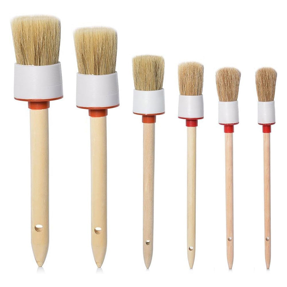 Car Detailing Brush Set 6Pcs Boar Hair Brush Kit Wood Handle Wheels Leather Air Vents
