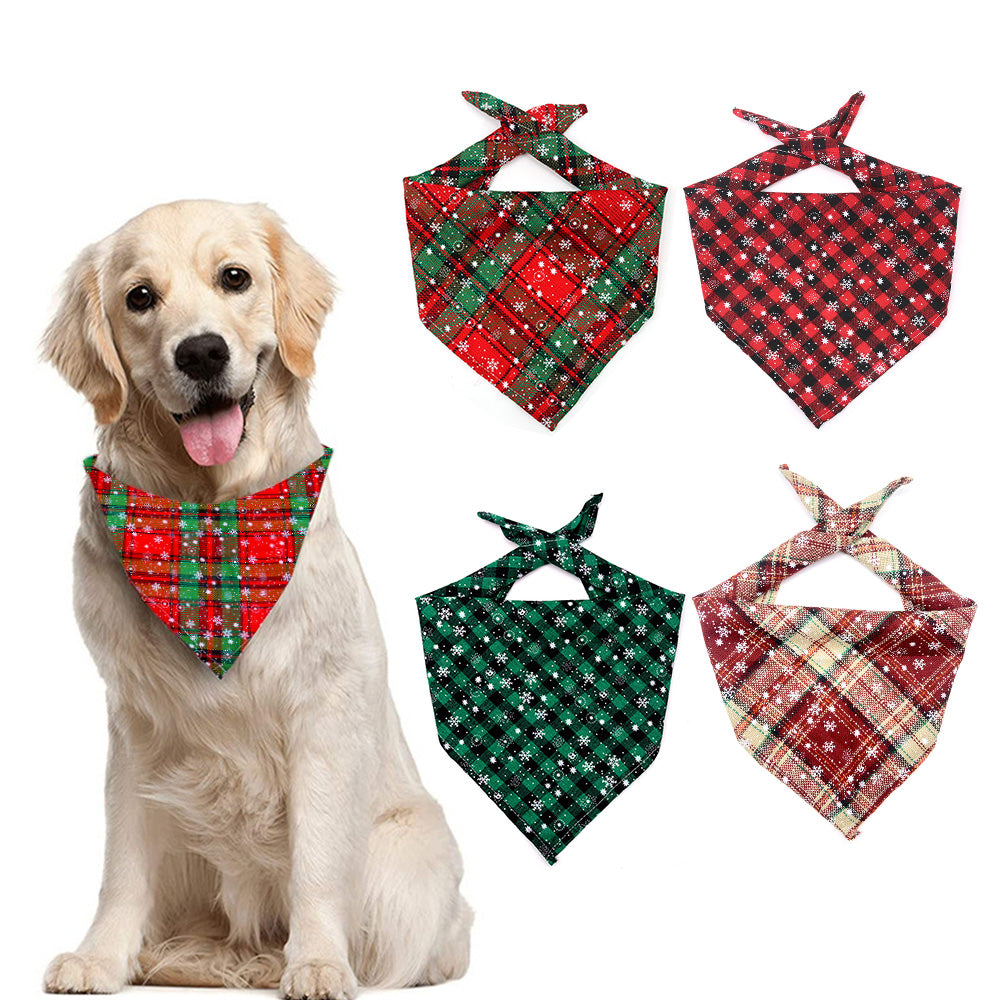 Snowflakes Christmas Dog Bandana Buffalo Plaid Pet Scarf Dog Triangle Bandana