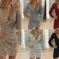 Women's Sexy Sparkly Glitter Long Sleeve V Neck Midi Dress Ruched Cocktail Dress