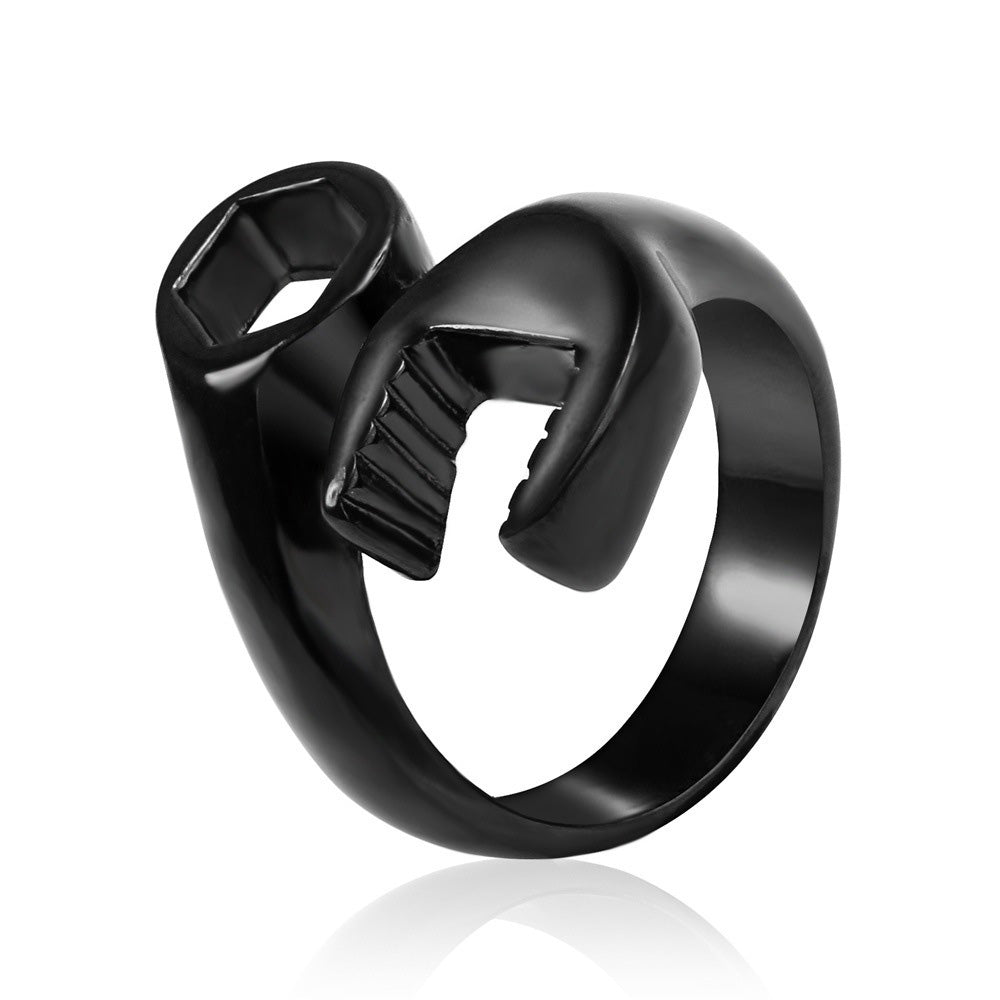 Stainless Steel Wrench Shaped Industrial Punk Ring for Men and Women-Black