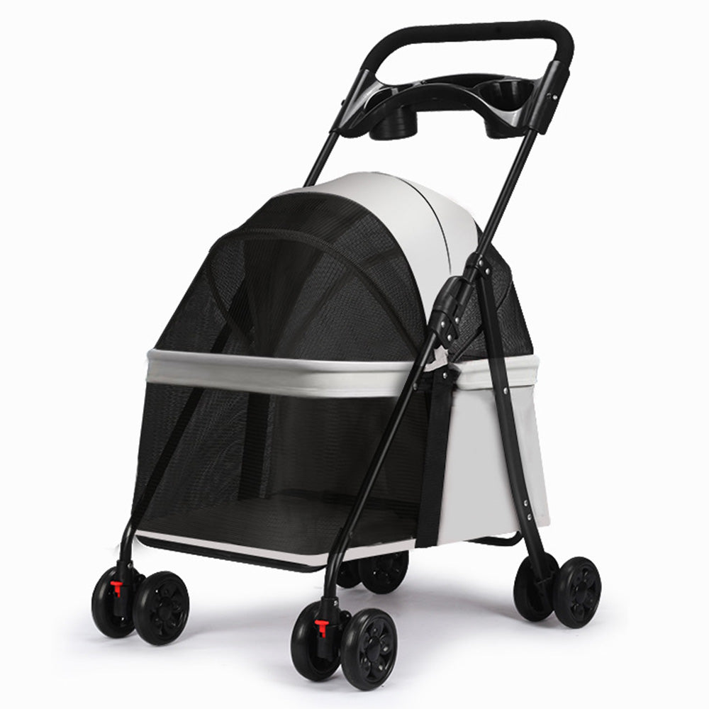 Pet Stroller Cat Small Dog Cage Stroller Travel Folding Carrier Pushchair with Breathable Mesh Cup Holder
