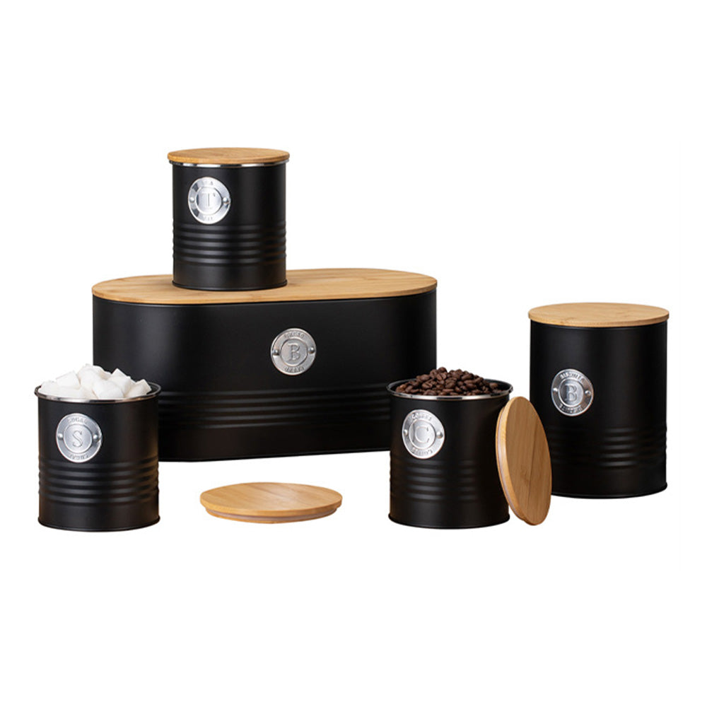 5 Piece Black Bread Bin and Airtight Kitchen Storage Canister Set