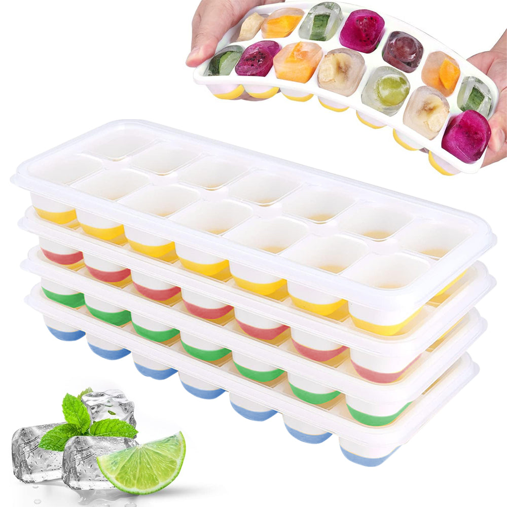 4Pcs Ice Cube Tray with Lid Easy Release Silicone Mould 14 Cubes Container Mold