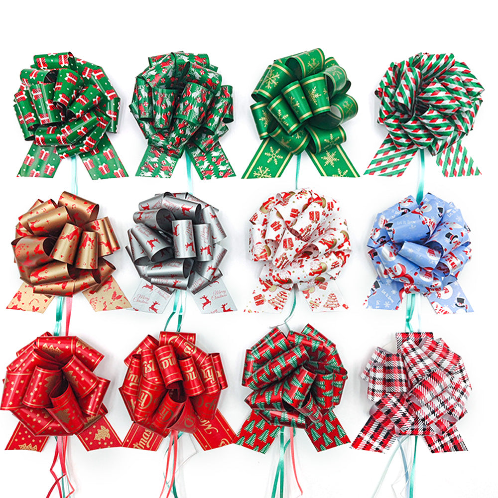 12 Pack Double Sided Printed Christmas Pull Ribbon Bows for Gift Wrapping
