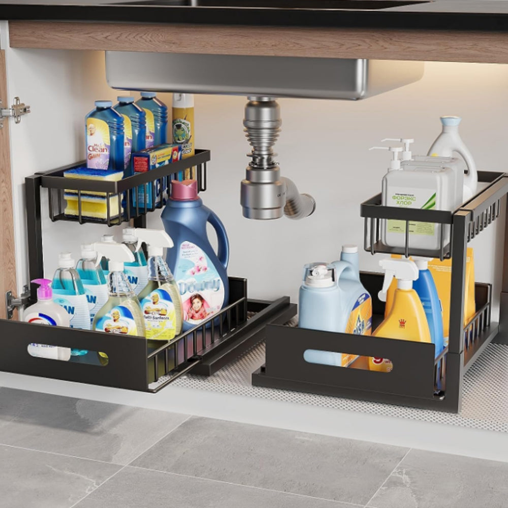 2Pcs 2-Tier Sliding Under Sink Cabinet Organizer Rack