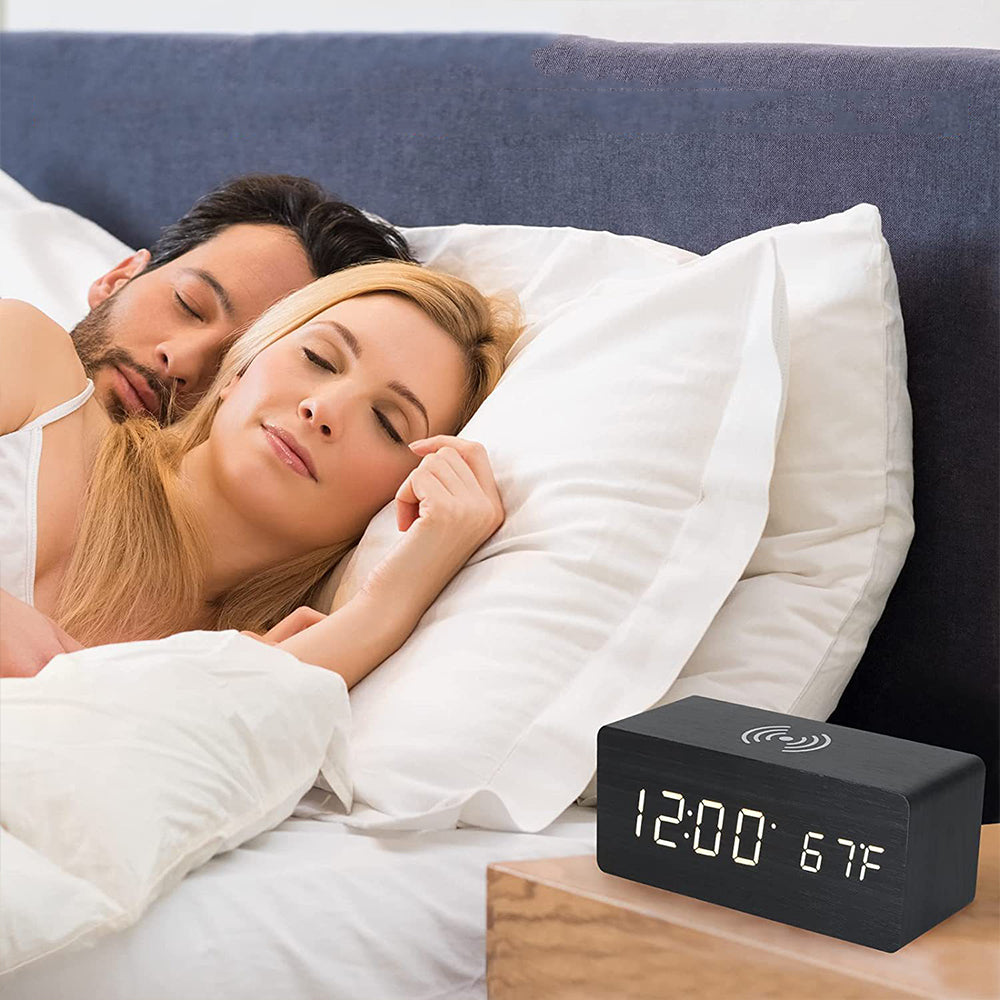 2Pcs Wooden Digital Alarm Clock with Wireless Charger