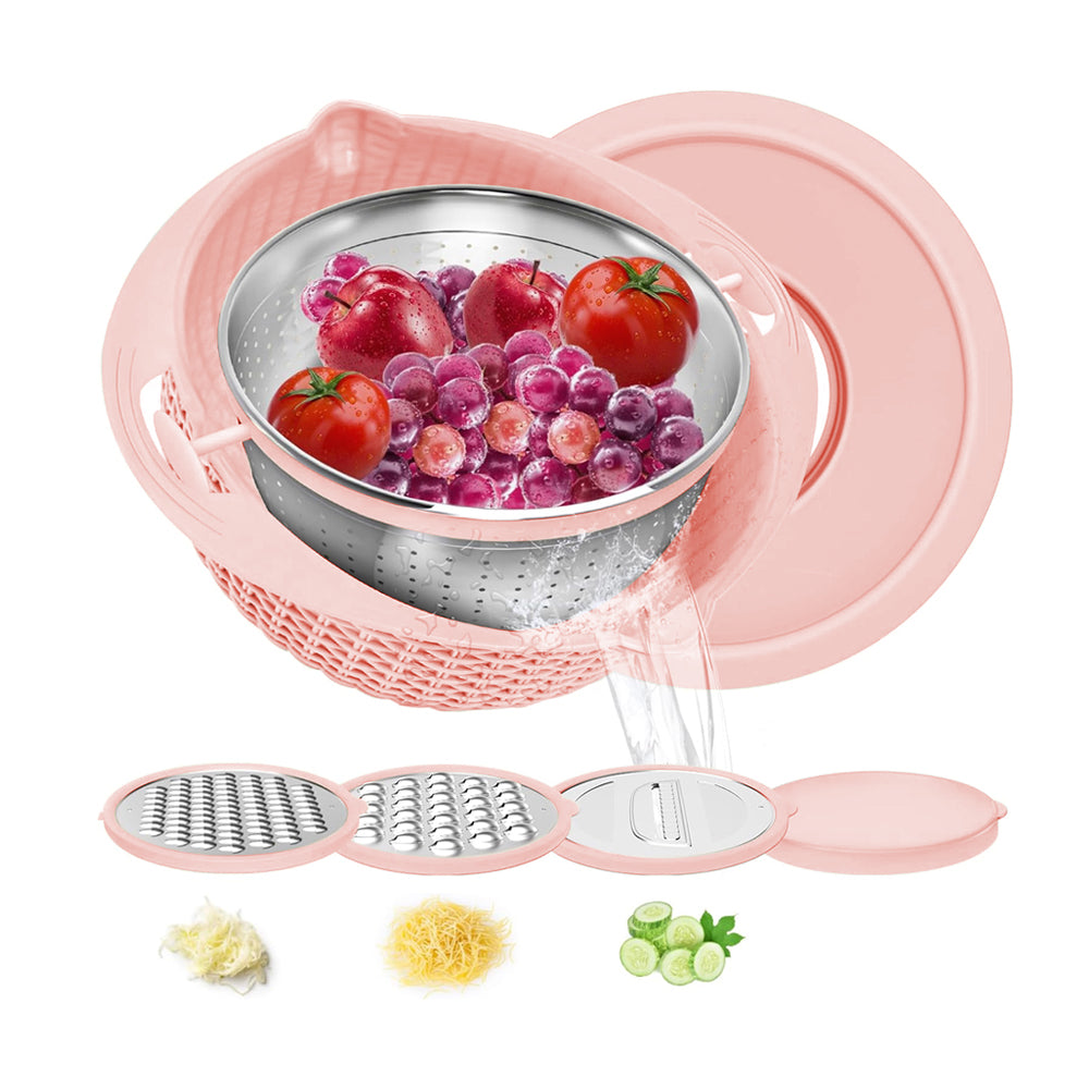4 In 1 Double-layer Rotatable Colander Bowl Set with Lid and 3 Blades