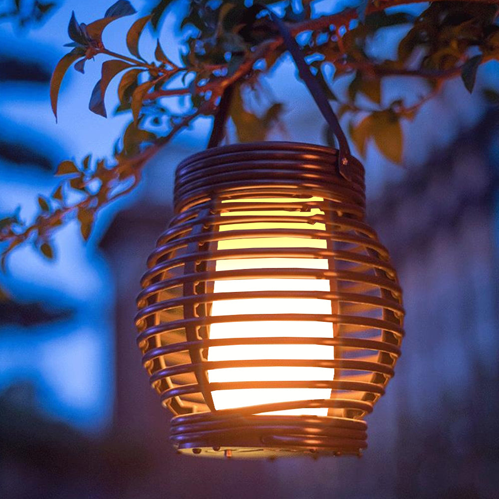 2Pcs Portable Simulated Rattan Flame Round Solar Lantern Lamp