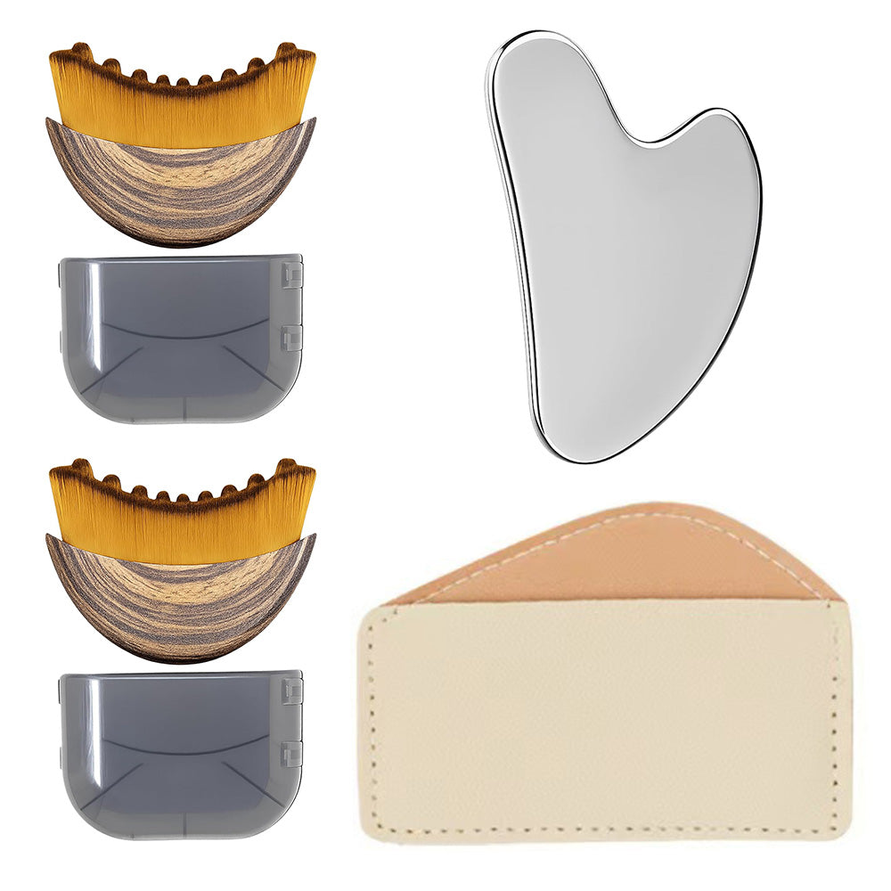 Stainless Steel Gua Sha Tool and Face Brush Set-Gold