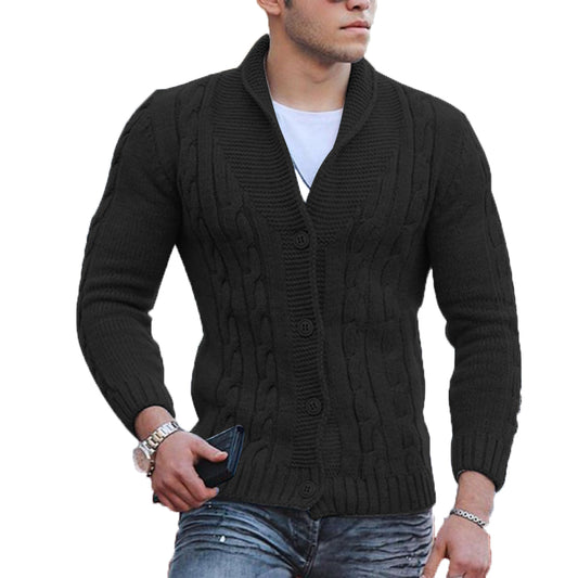 Men's Cable Knit Cardigan Button Down Warm Knit Jacket-Black