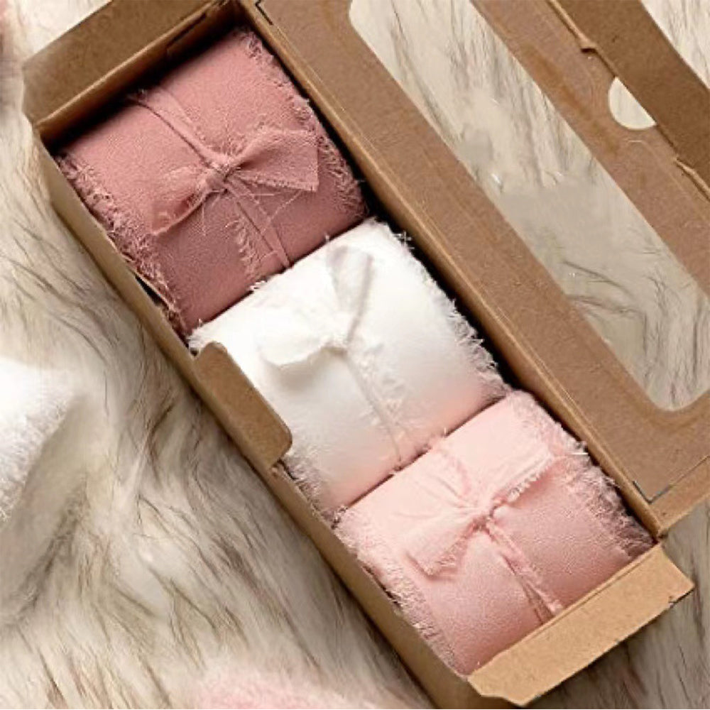 3 Rolls Yard Chiffon Ribbon Set Mixed Color Handmade Fringe Fabric Ribbon