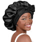 Polyester Satin Hair Bonnet with Tie Band for Sleeping-Black