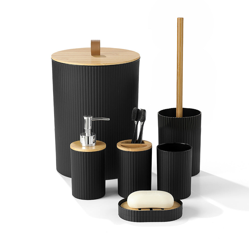 6 Pcs Bathroom Wash Set with Bamboo Lids and Plastic Body
