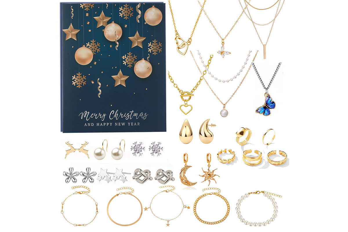 24PCS Christmas Jewelry Advent Calendar Bracelet Necklace Ring Earrings Set