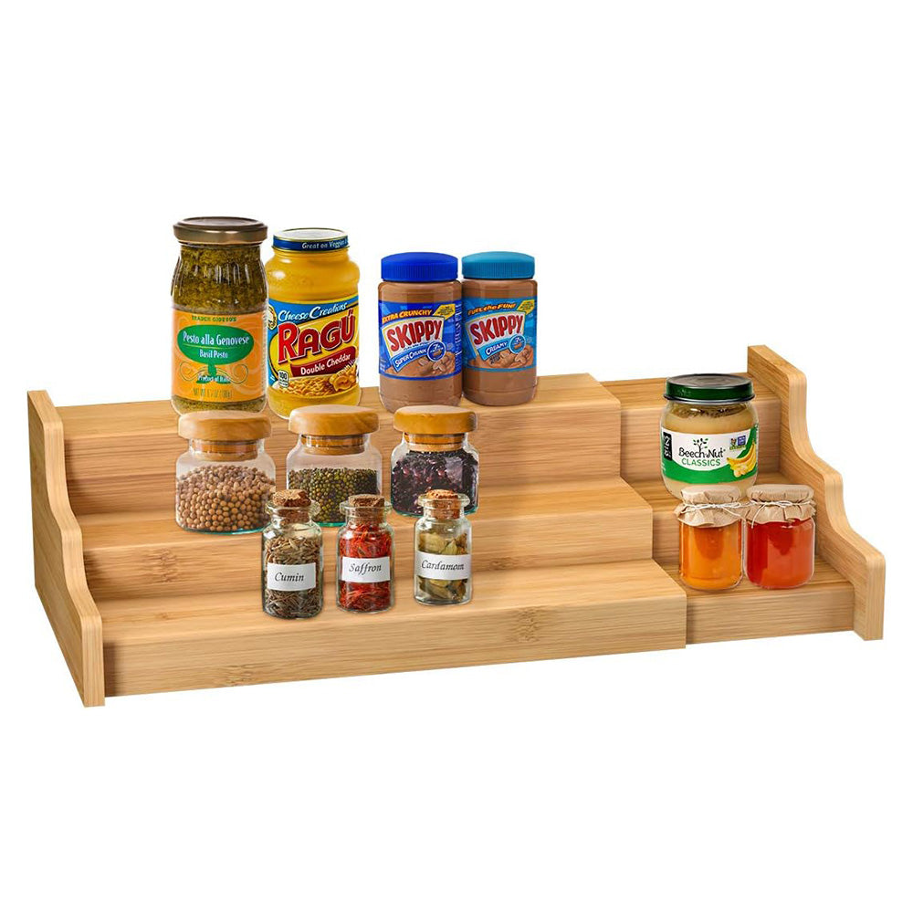 3-Tier Expandable Bamboo Spice Rack Organizer Adjustable Kitchen Cabinet Storage