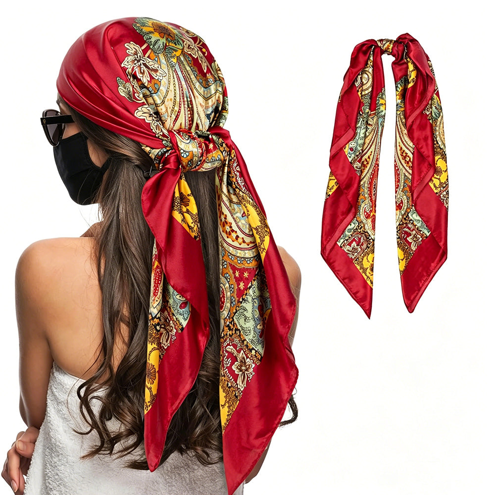 90cm Square Head Scarf Printed Satin Hair Scarf Bandanas for Women