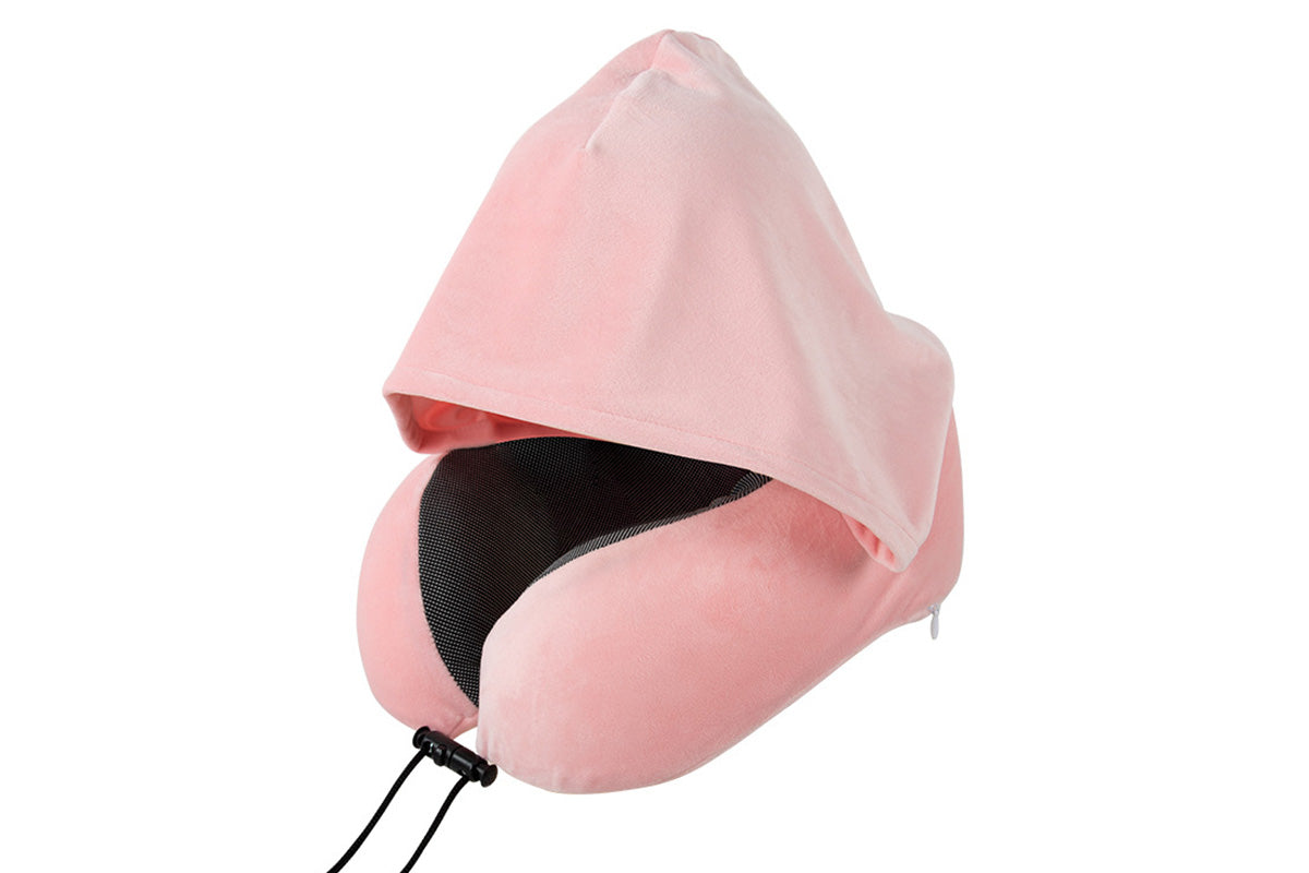 Hooded Travel Pillow with 3D Eye Masks Memory Foam Neck Pillow for Airplane Sleeping