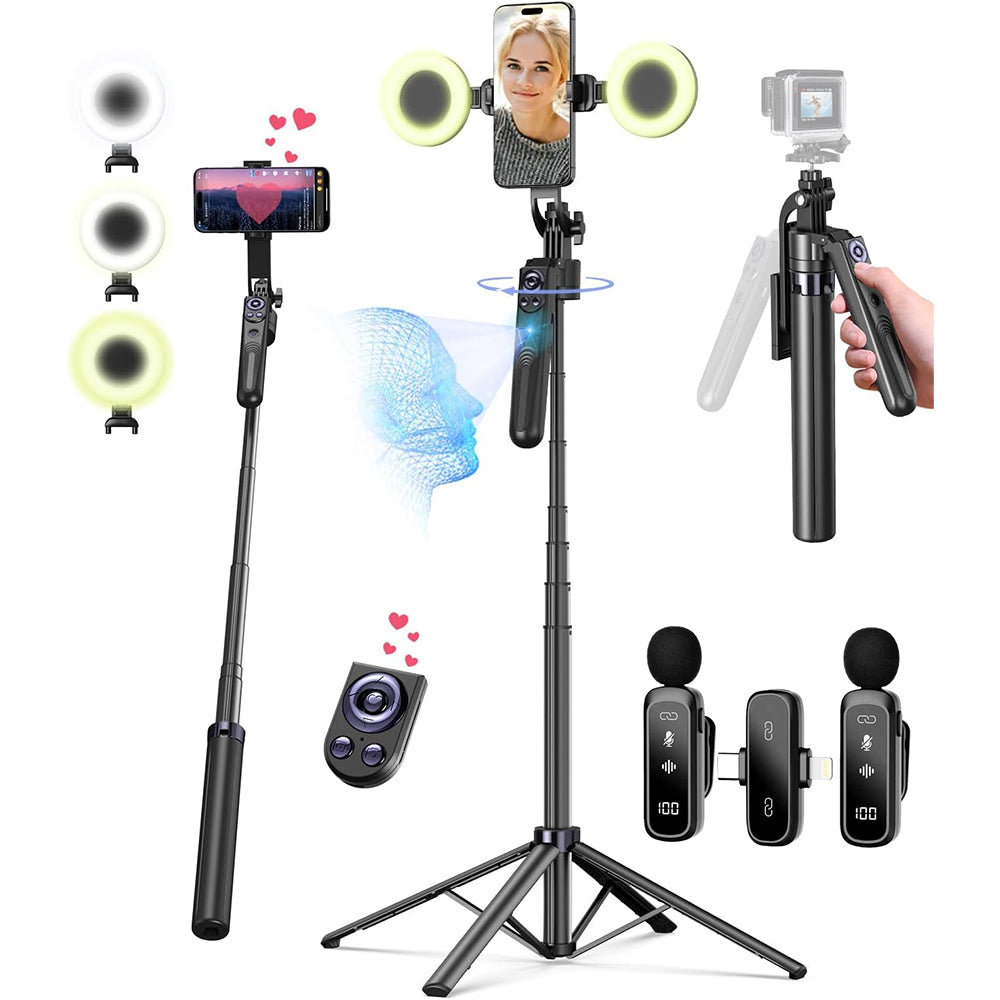 Vlogging Kit with AI Tracking Tripod 2 Lights 2 Mics for iPhone Android Camera