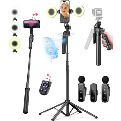 Vlogging Kit with AI Tracking Tripod 2 Lights 2 Mics for iPhone Android Camera