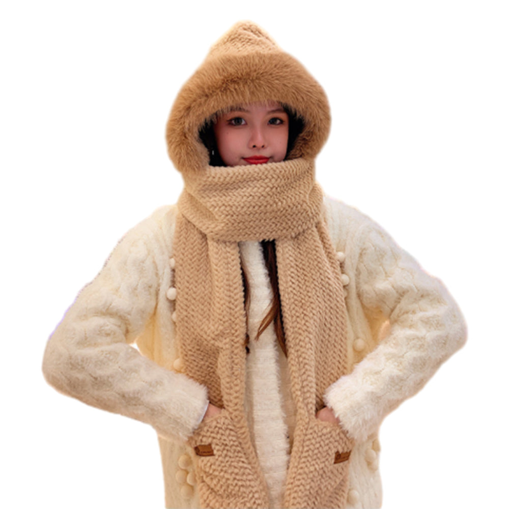 3-in-1 Winter Warm Plush Hooded Scarf Hat and Gloves