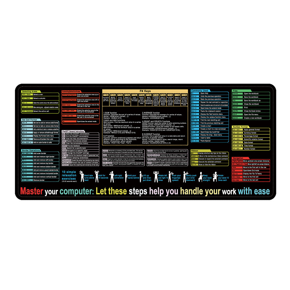 Excel Cheat Sheet Desk Mat Non-Slip Excel Shortcuts Mouse Pad Shortcuts Mouse Mat