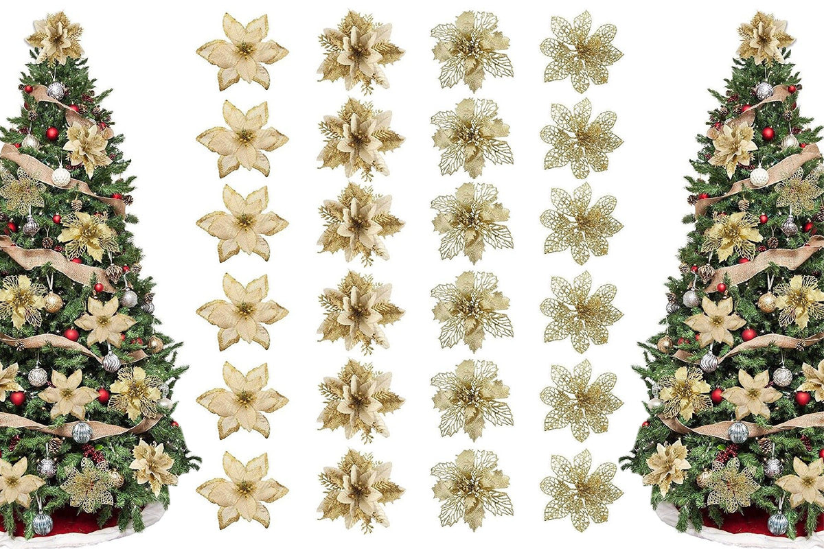 24Pcs Artificial Flowers Christmas Tree Decorations for Wreath Fireplace Stairs