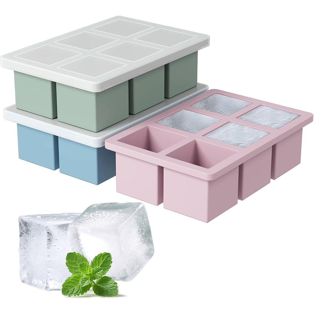 3Pcs Silicone Ice Cube Trays with Lid 6 Cavity Large Square Mold for Whisky Cocktail