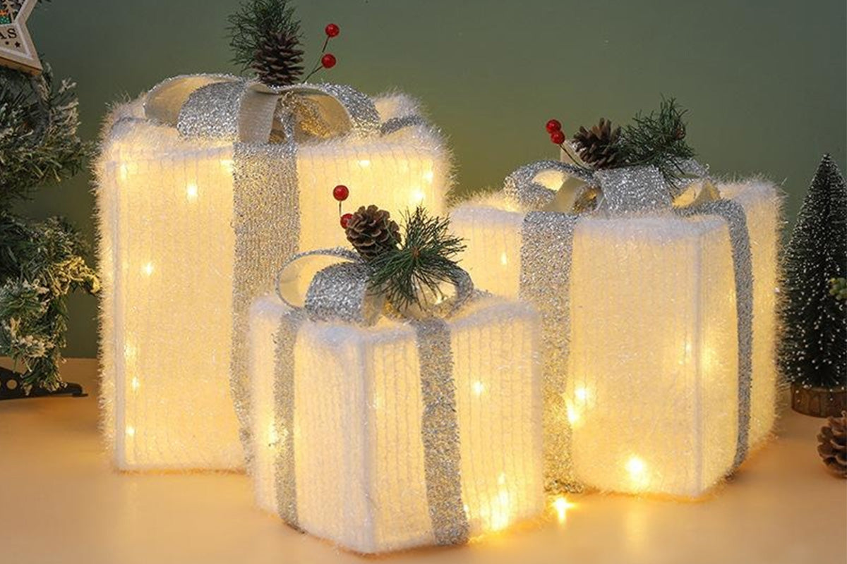 3PCS Christmas Lighted Gift Boxes With 8 Modes For Holiday Indoor Outdoor Decorations