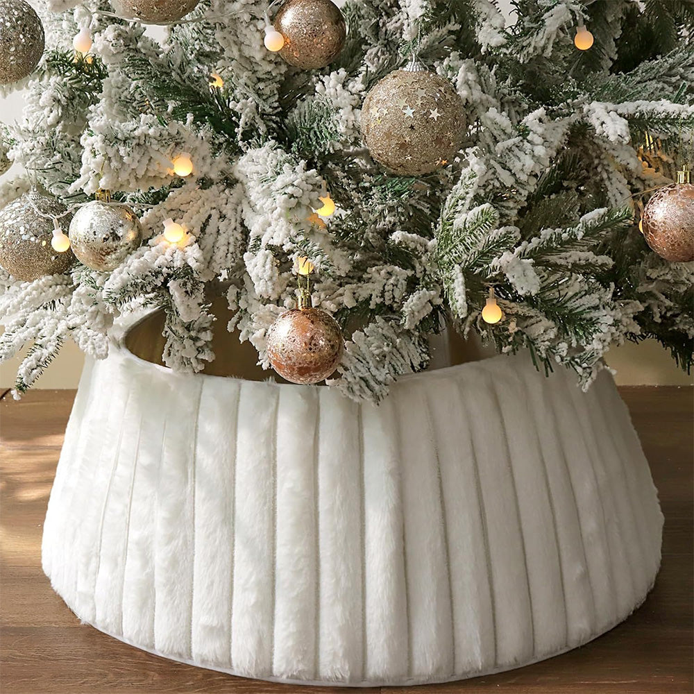 White Christmas Tree Collar With Stripe Textured Pattern Christmas Tree Skirt Base