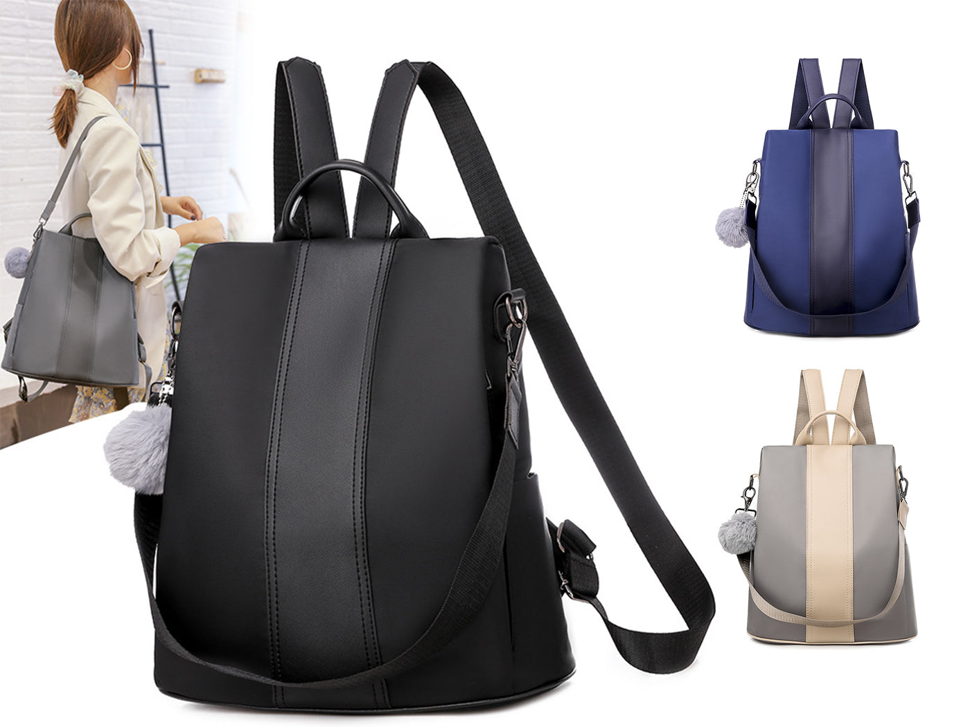 2-in-1 Backpack Shoulder Bag with Pom Pom