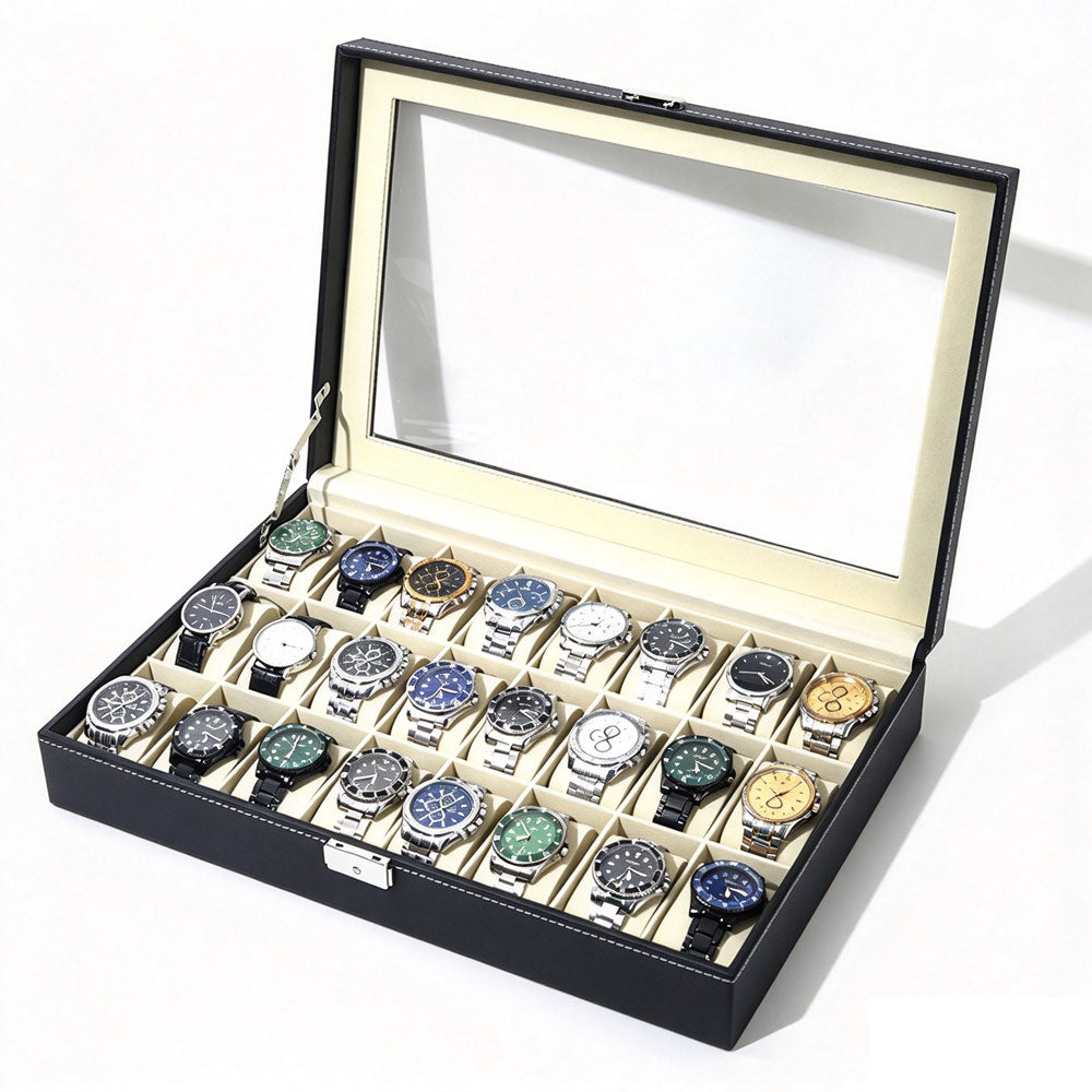 24 Compartment PU and Glass Watch Display Storage Box for Jewelry