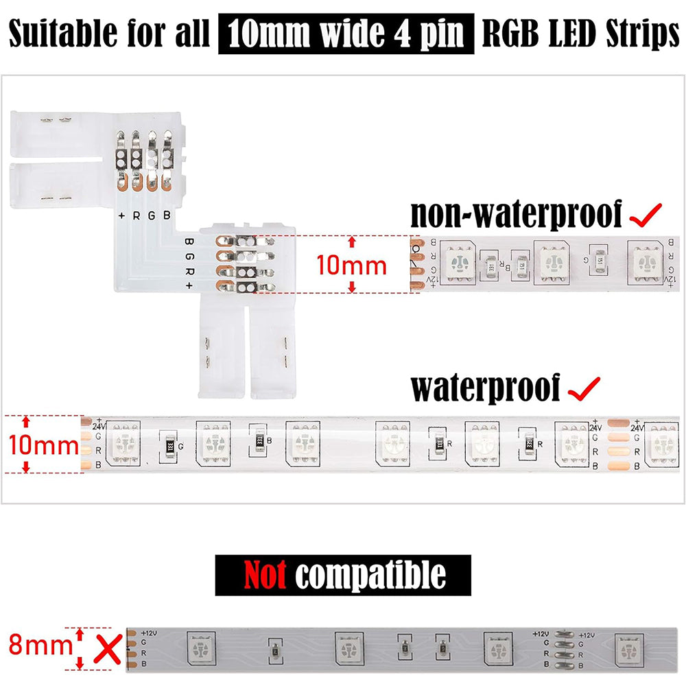 10Pcs L Shape 4-Pin 10mm LED Connectors with 20Pcs Clips for Strip Lights