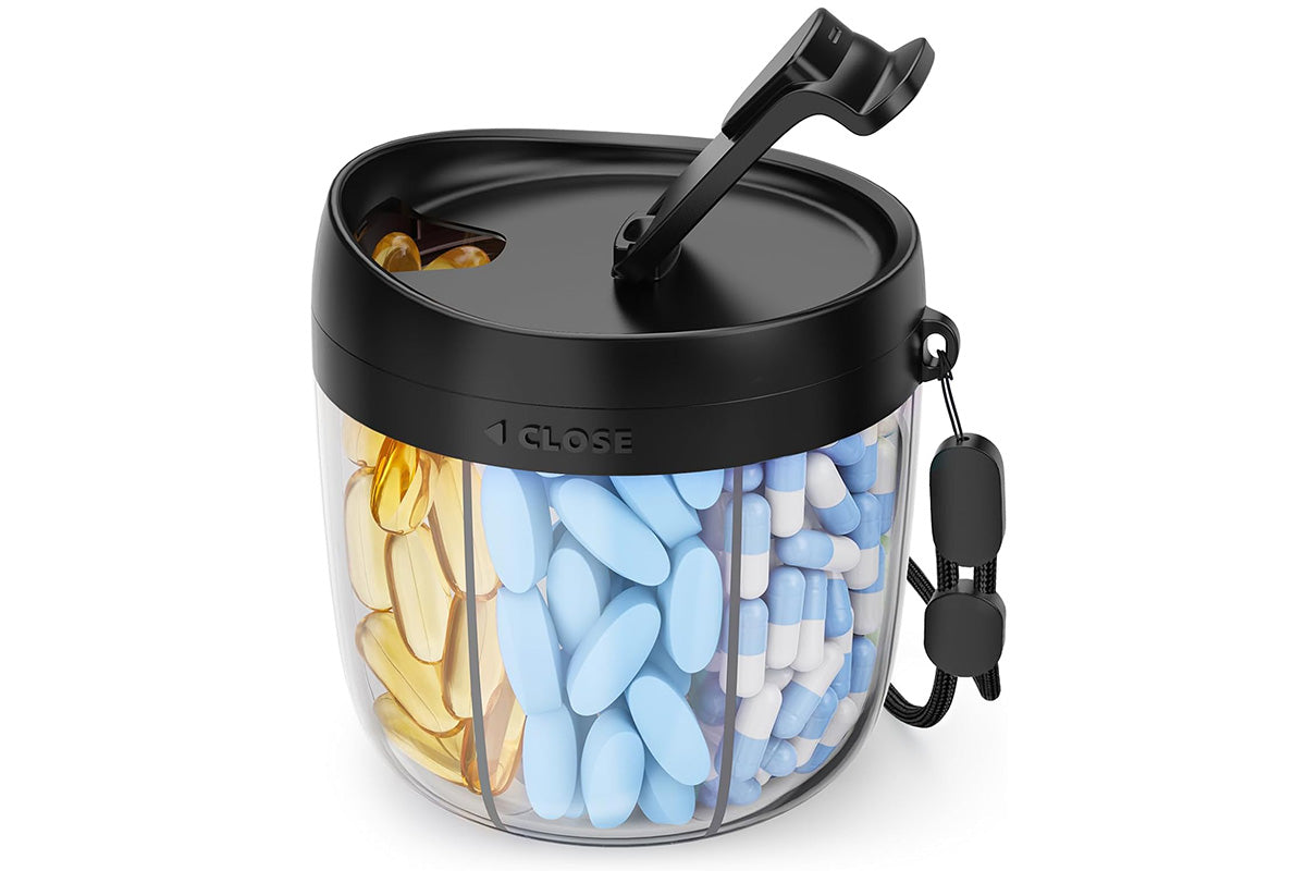 7 Compartments Pill Organizer Bottle with Handle and Rotating Lid for Travel Use