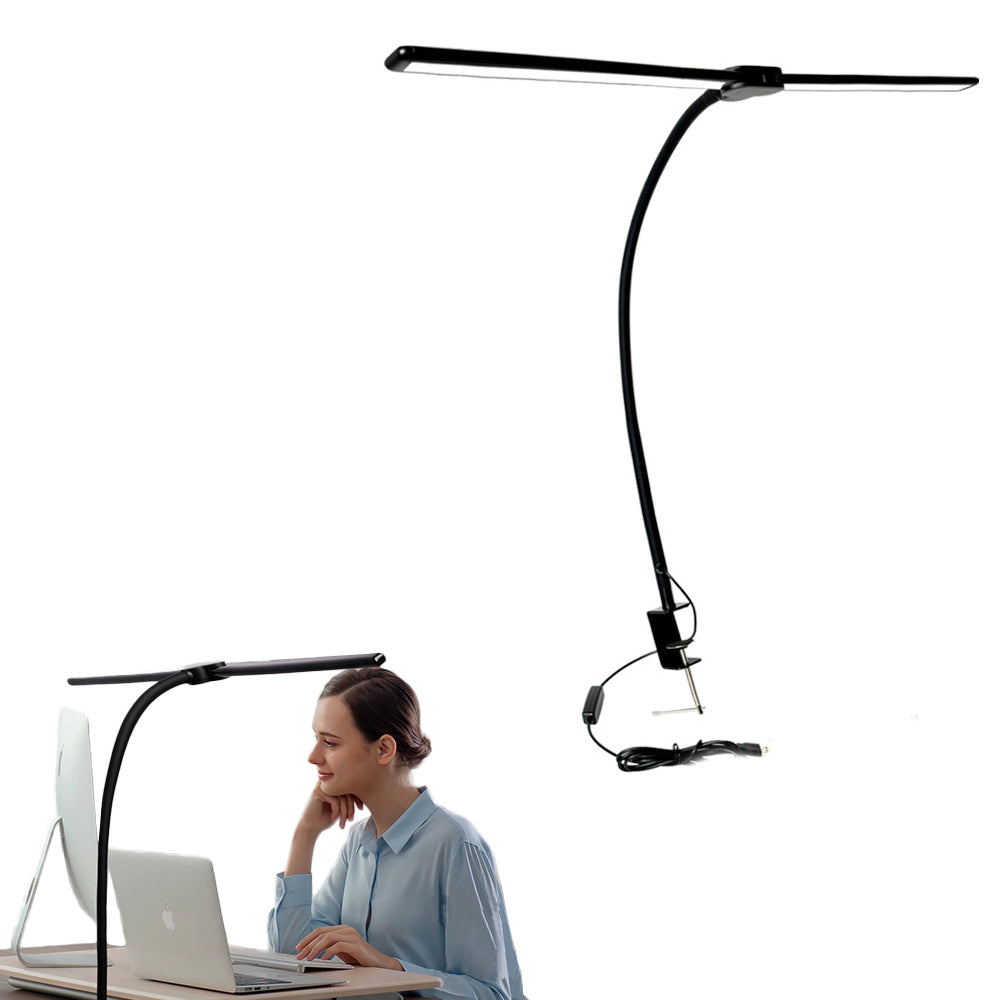 LED Clip Desk Lamp with Double Tube Gooseneck and Stepless Dimming