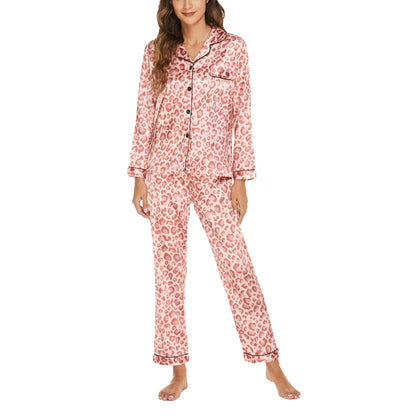 Print Satin Pyjamas Set-Pink Leopard