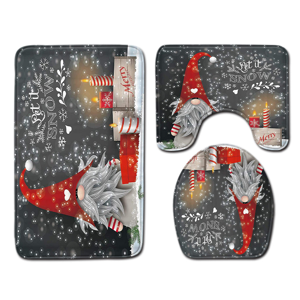 Christmas Non-Slip 3 PCs Bath Rugs Sets Toilet Lid Cover Toilet Mat Bathroom Decor
