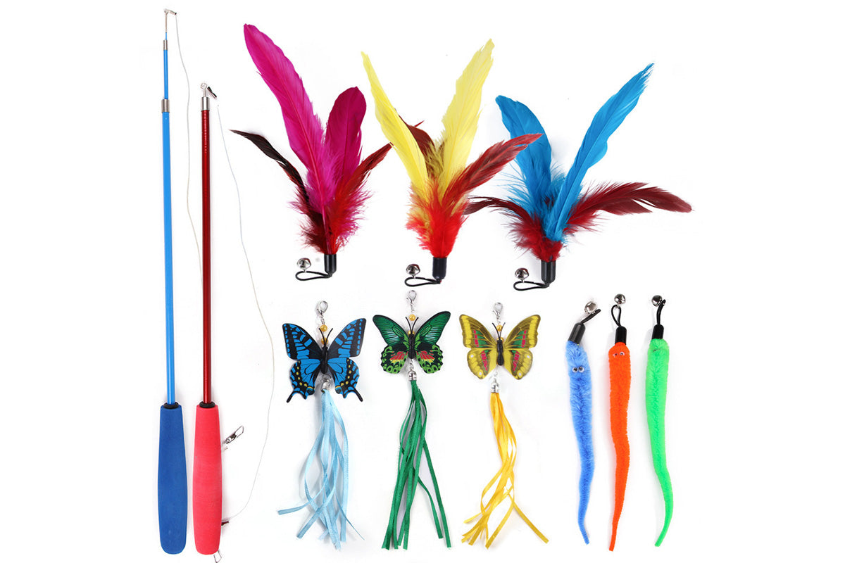 Interactive Cat Toy Set Telescopic Cat Wand with Feather Replacement Pack for Indoor Cat Play