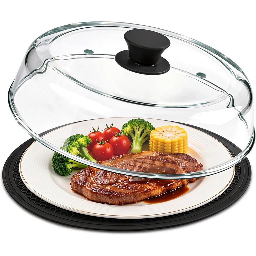 Microwave Glass Splatter Cover with Silicone Trivet Dual Vents and Handle