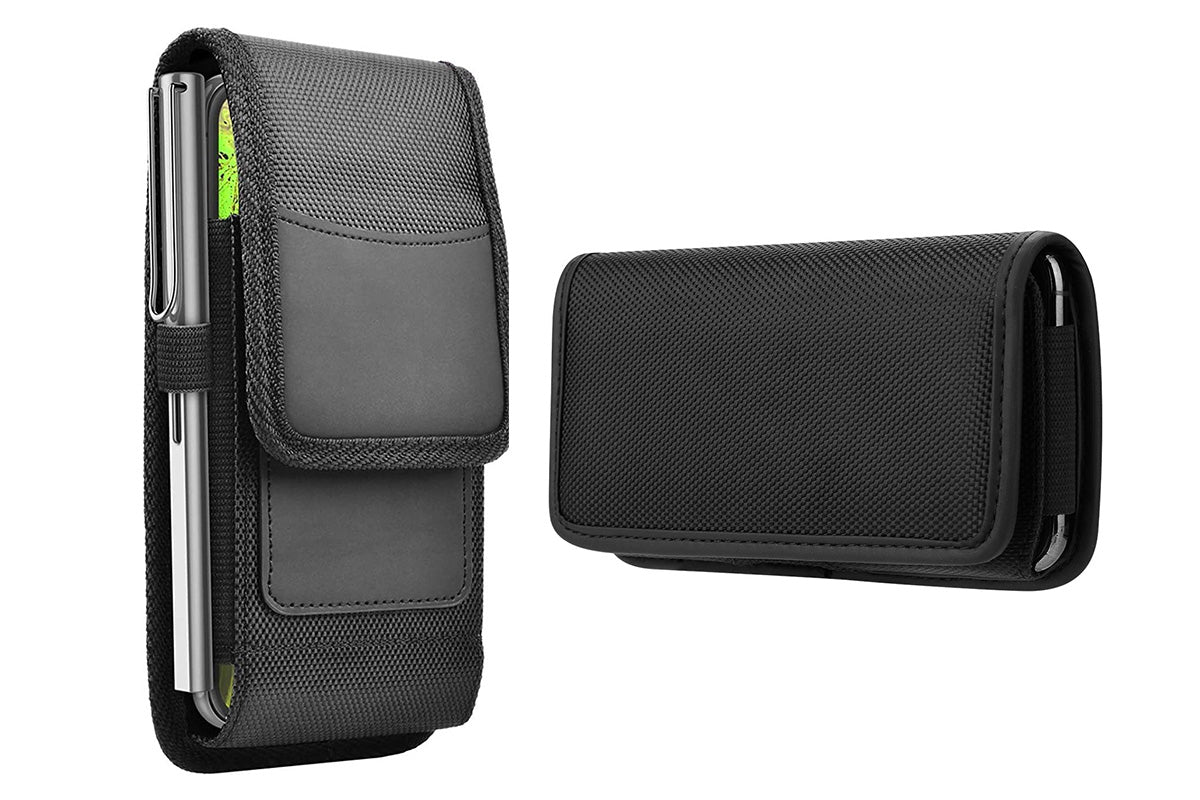 Universal Black Oxford Cloth Phone Waist Pouch with Belt Clip and Card Holder Compatible with Most Smartphones