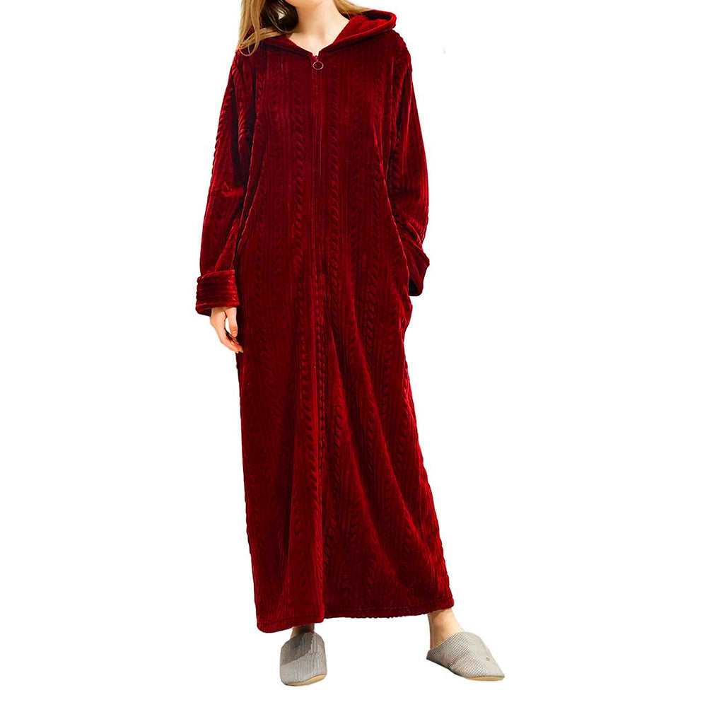 Unisex Long Hooded Zipper Bathrobe Fleece Robes Winter Warm Nightgown Sleepwear Pyjamas-Wine Red