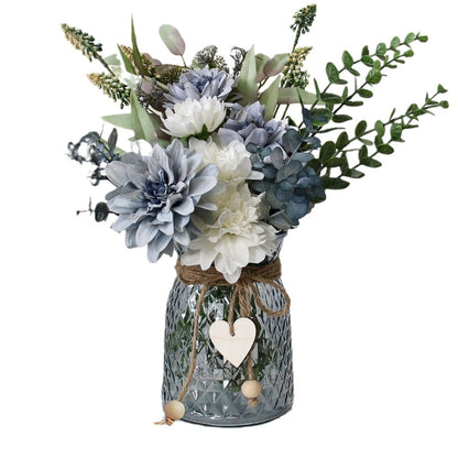 Silk Artificial Flowers with Glass Vase Set for Home Decoration