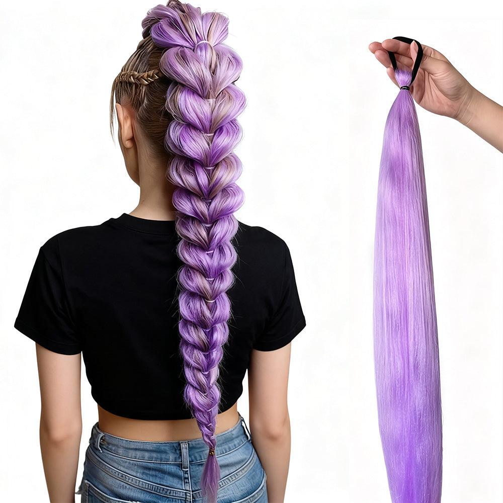 2PCS Purple Ponytail Extension With Elastic Tie Straight Sleek Wrap Around Braid