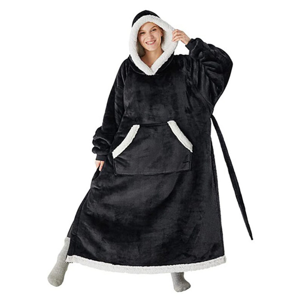 Fleece Long Blanket Hoodie with Giant Pocket and Belt Wearable Hooded Blanket