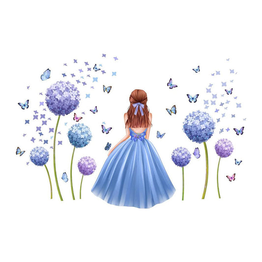 Girl Butterfly Wall Stickers Blue Flower Wall Decal