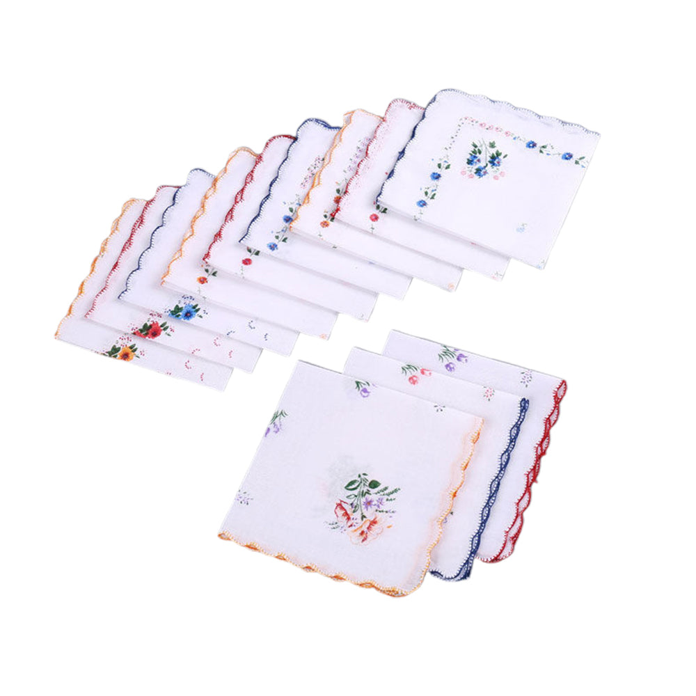 12Pcs Womens Cotton Pocket Handkerchiefs with Floral Patterns