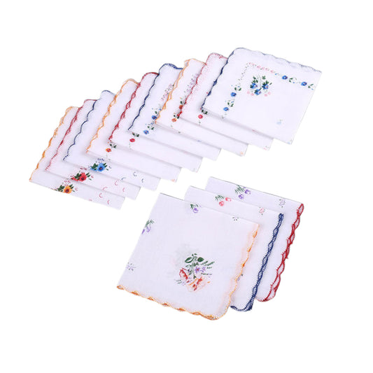 12Pcs Womens Cotton Pocket Handkerchiefs with Floral Patterns