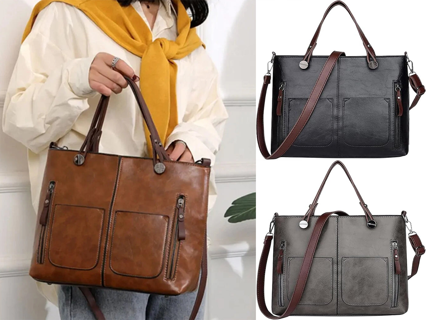 Vintage Leather-Look Tote Handbag Crossbody Briefcase