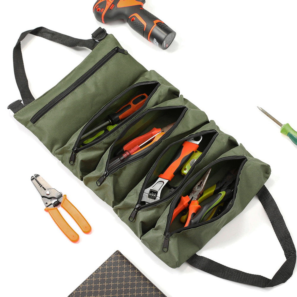 Roll Up Tool Bag Wrench Pouch Oxford Canvas Tool Organizer with 5 Zippered Pockets